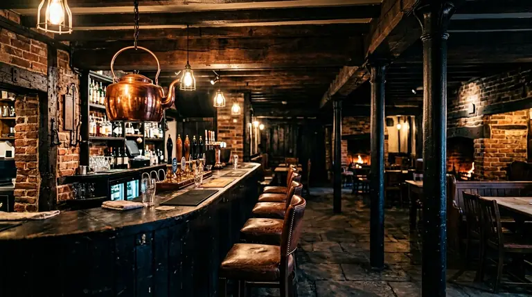 Dark oak bar at The Copper Kettle, copper kettle over the pumps